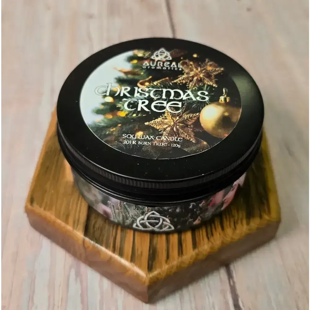 Christmas Tree soy wax candle tin on a hexagon wooden stand