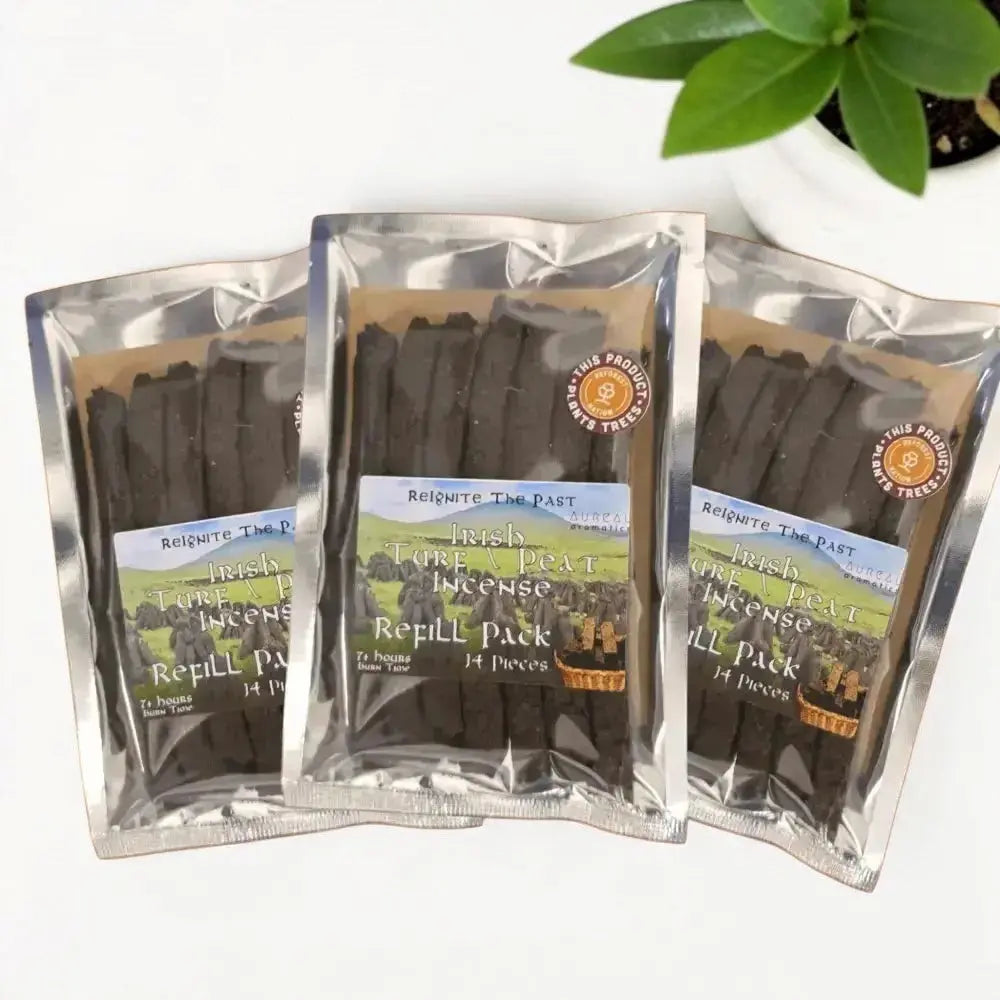Three Irish Turf Peat Incense Refill Packs in silver foil bags