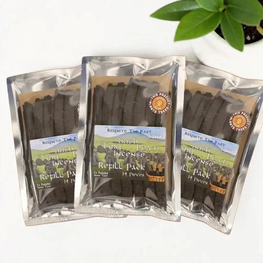 Three Irish Turf Peat Incense Refill Packs in silver foil bags