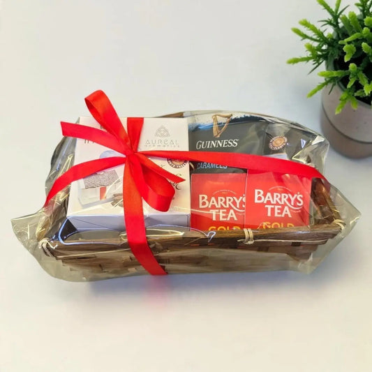 Aureal Aromatics Luxury Irish Cottage Comfort Hamper gift basket with turf incense, Guinness caramels, and Barry's tea.