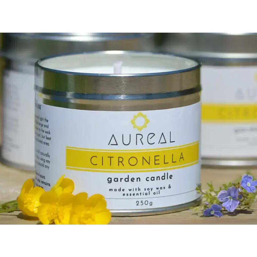 Aureal Citronella garden candle 250g tin with yellow and blue flowers