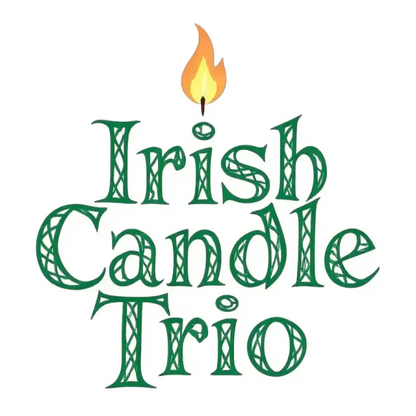Irish Candle Trio text in green Celtic lettering under a candle flame