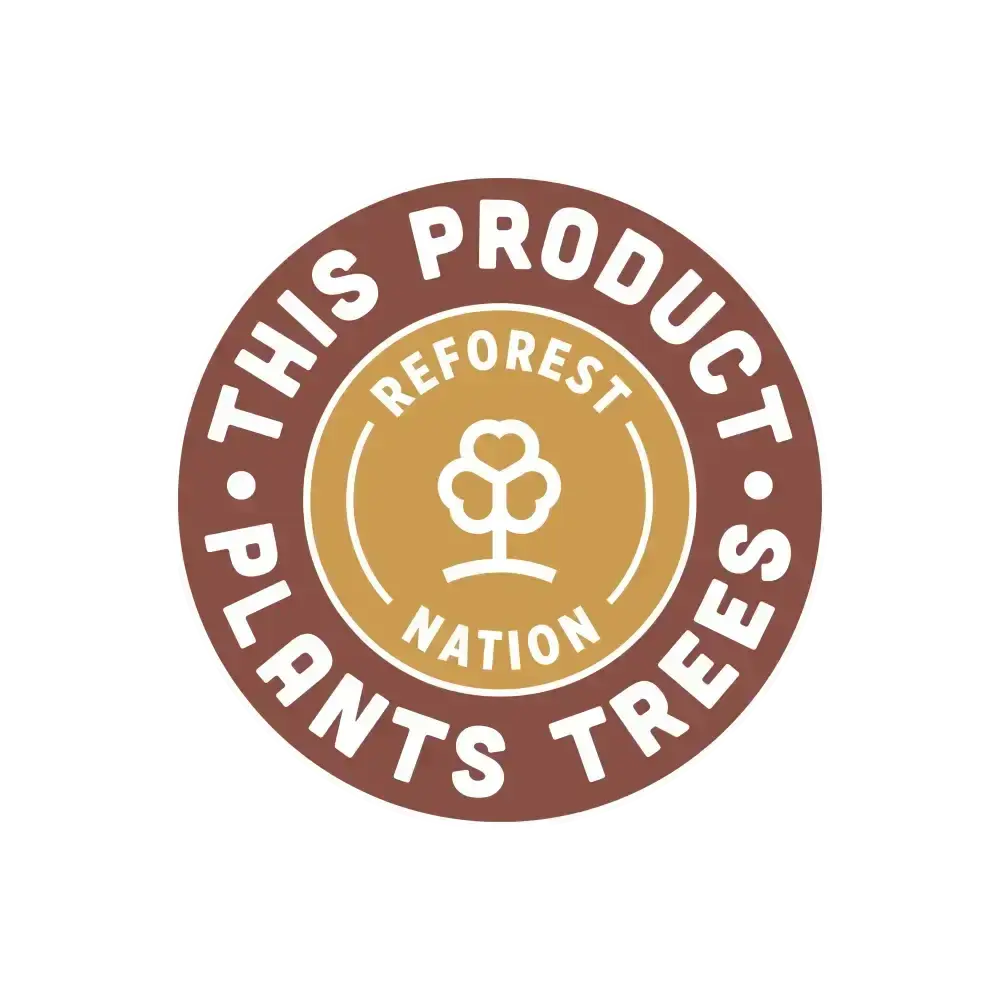Round Reforest Nation badge reading This Product Plants Trees