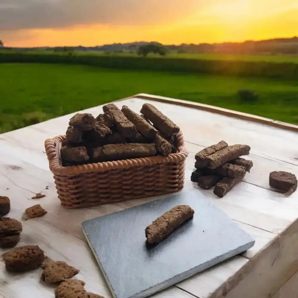 Basket of turf sods and a sod on a slate on a table outdoors at sunset