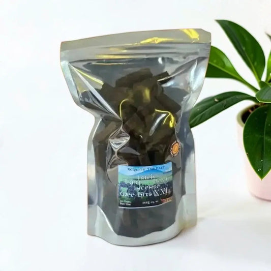 Irish Turf Peat Incense Wee Bits in a silver resealable bag beside a green plant
