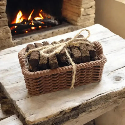 Small brown basket of turf sods tied with twine in front of an open fire