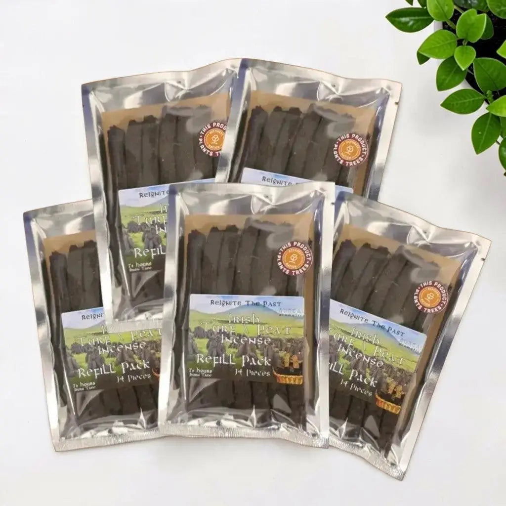Five Irish Turf Peat Incense Refill Packs in silver foil bags