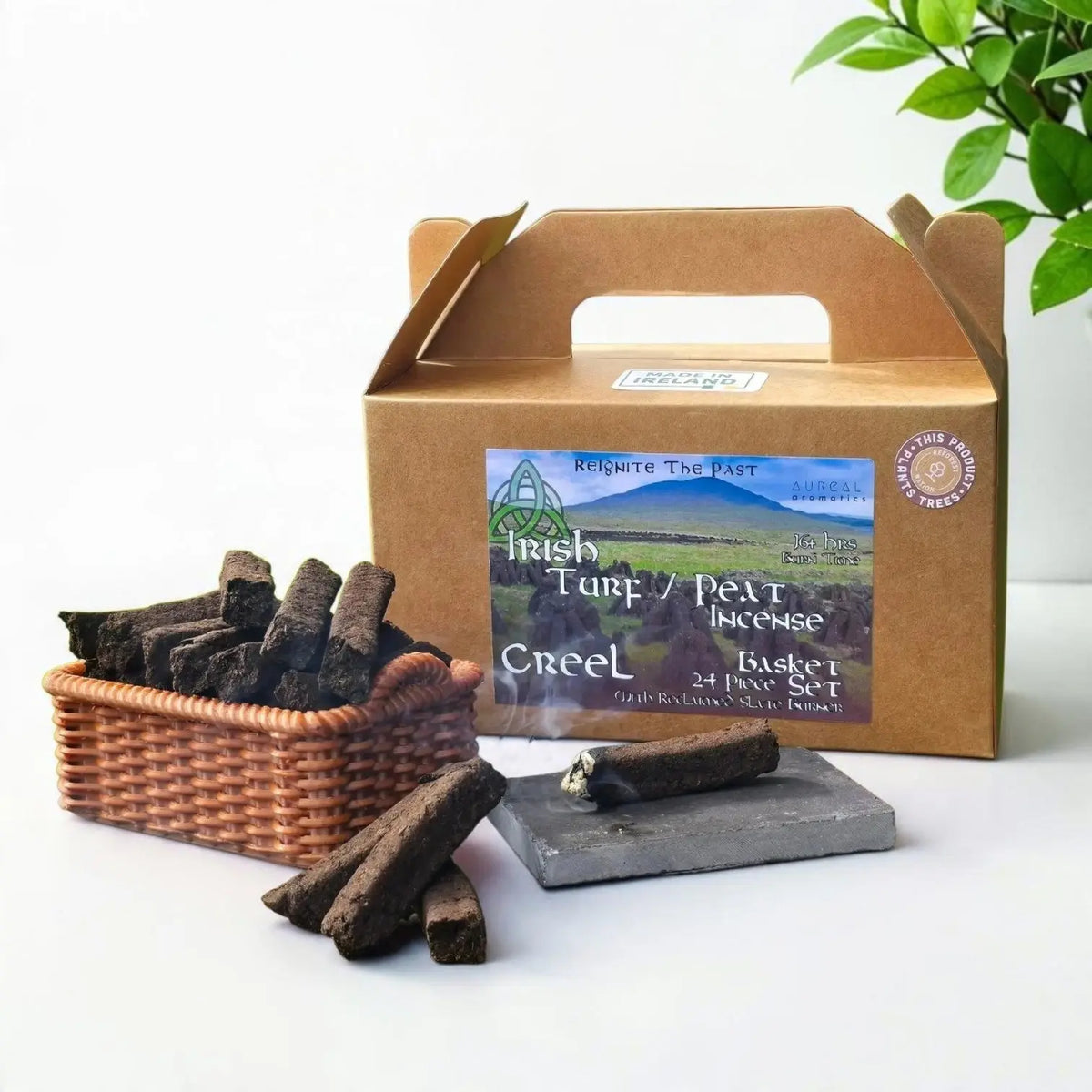 Irish Turf Peat Incense Creel Basket Set box, a basket of turf sods and a sod on a slate