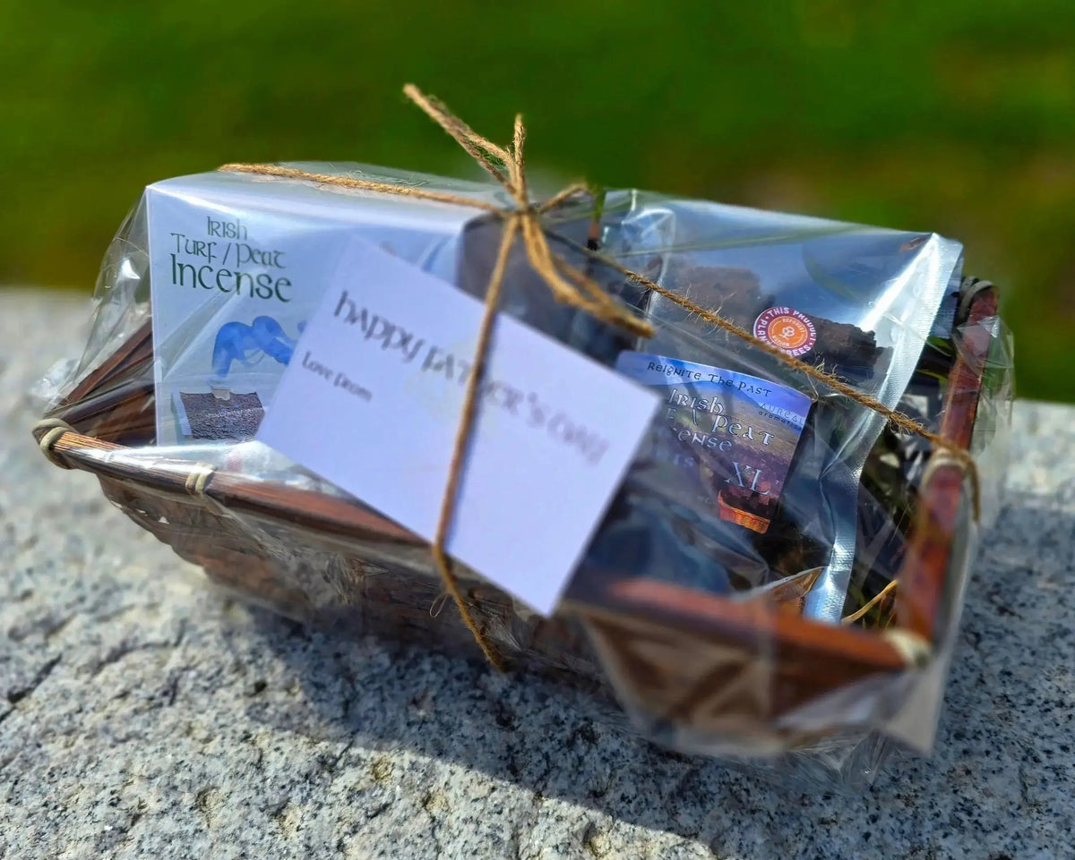 Cellophane wrapped gift basket with a tag reading Happy Father's Day