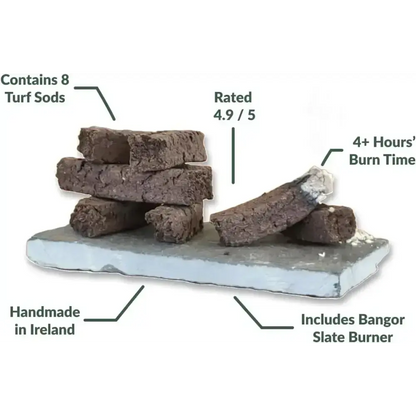 Turf sods stacked on a slate burner, with printed labels about sod count, rating and burn time